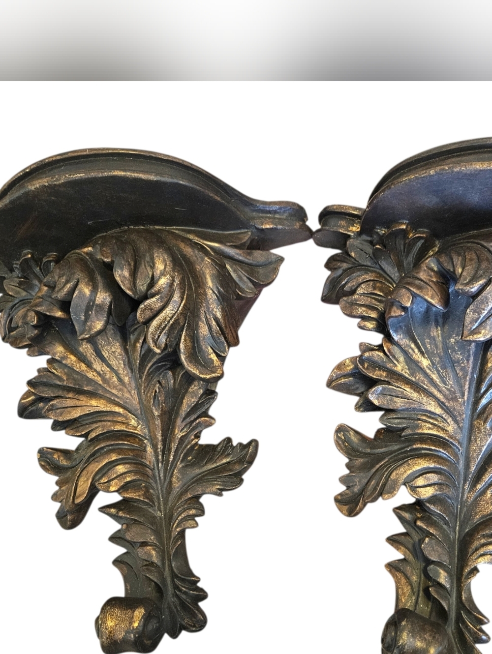 NWT Ornate Oversized Wood Gold Acanthus Leaf Wall Shelf - Pair